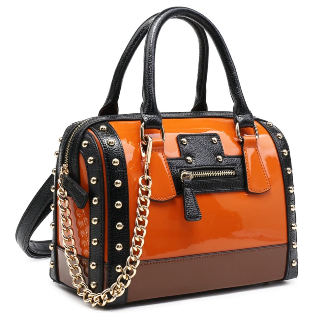 4965 Barrel Bag Shiny Patent Faux Leather Handbag with Rivet Decoration Top